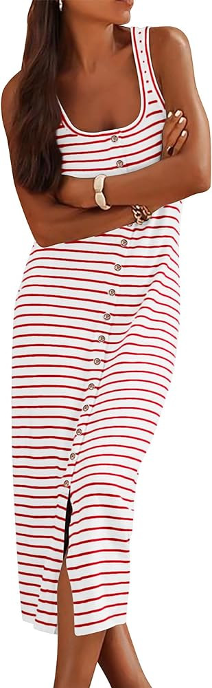 NOLLSOM Women Casual Sleeveless Striped Tank Midi Dresses Spring U Neck Bodycon Dresses T Shirt S... | Amazon (US)