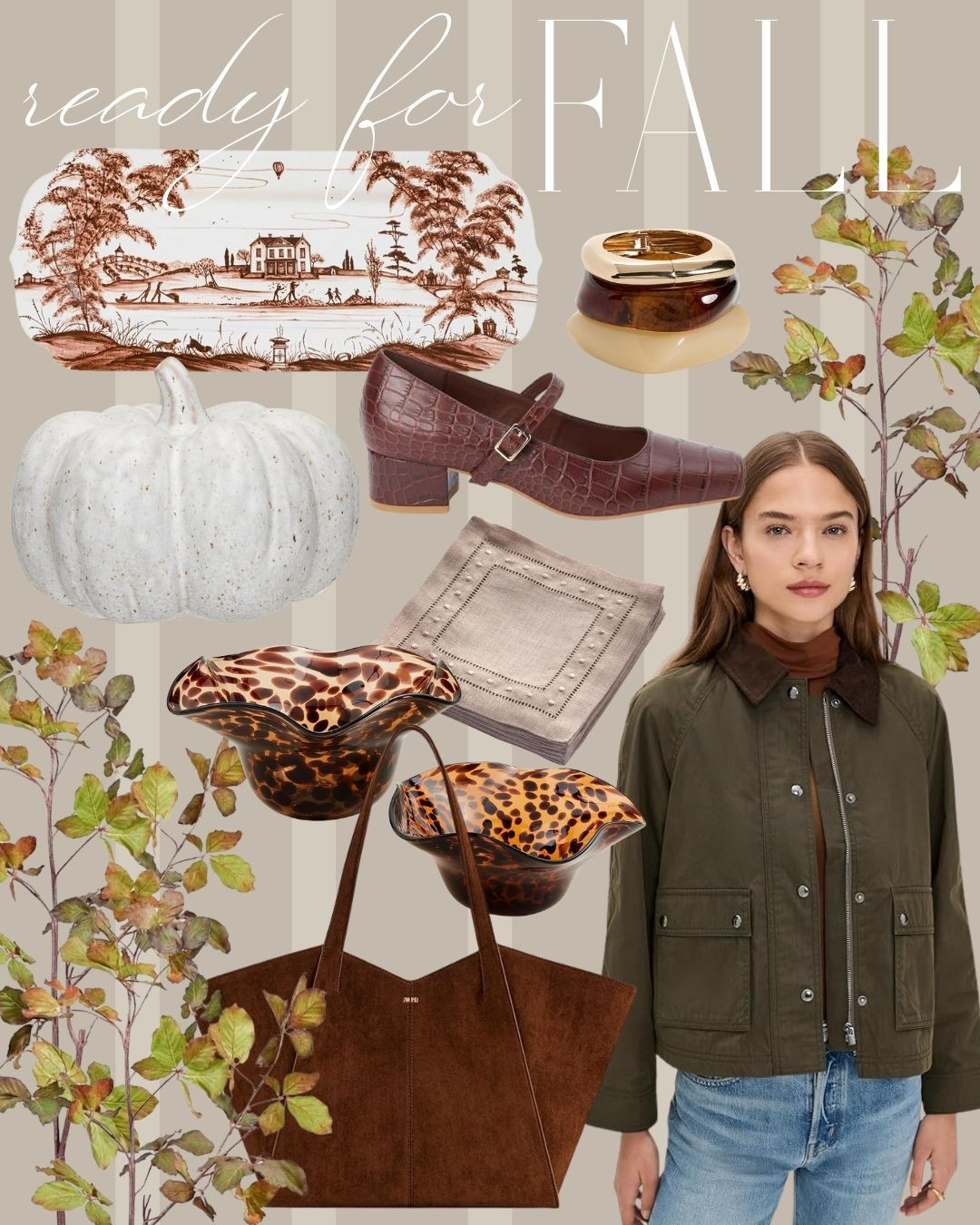 fall home decor | stylish leather totes | tortoise accent pieces | elegant hostess tray | faux chestnut leaf branch | elegant faux pumpkins 

 #LTKSeasonal #LTKHome #LTKStyleTip