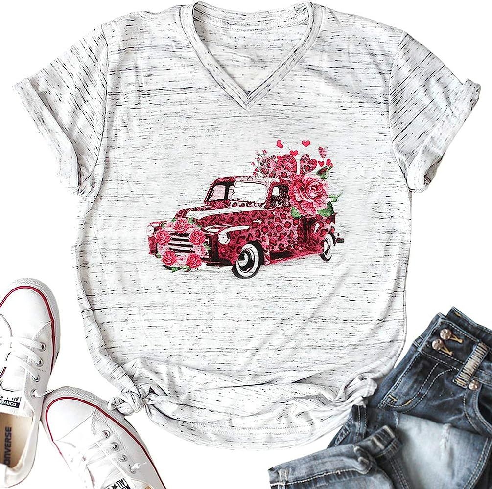 Pink Leopard Car T Shirt Womens Floral Love Heart Shirt Cute Valentines Day Short Sleeve V Neck Tee  | Amazon (US)