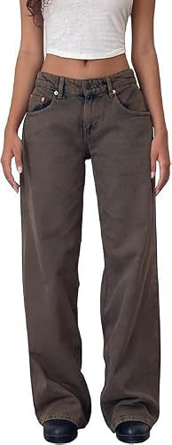 Brown Women Low Rise Baggy Jeans y2k Boyfriend Straight Wide Leg Pants | Amazon (US)