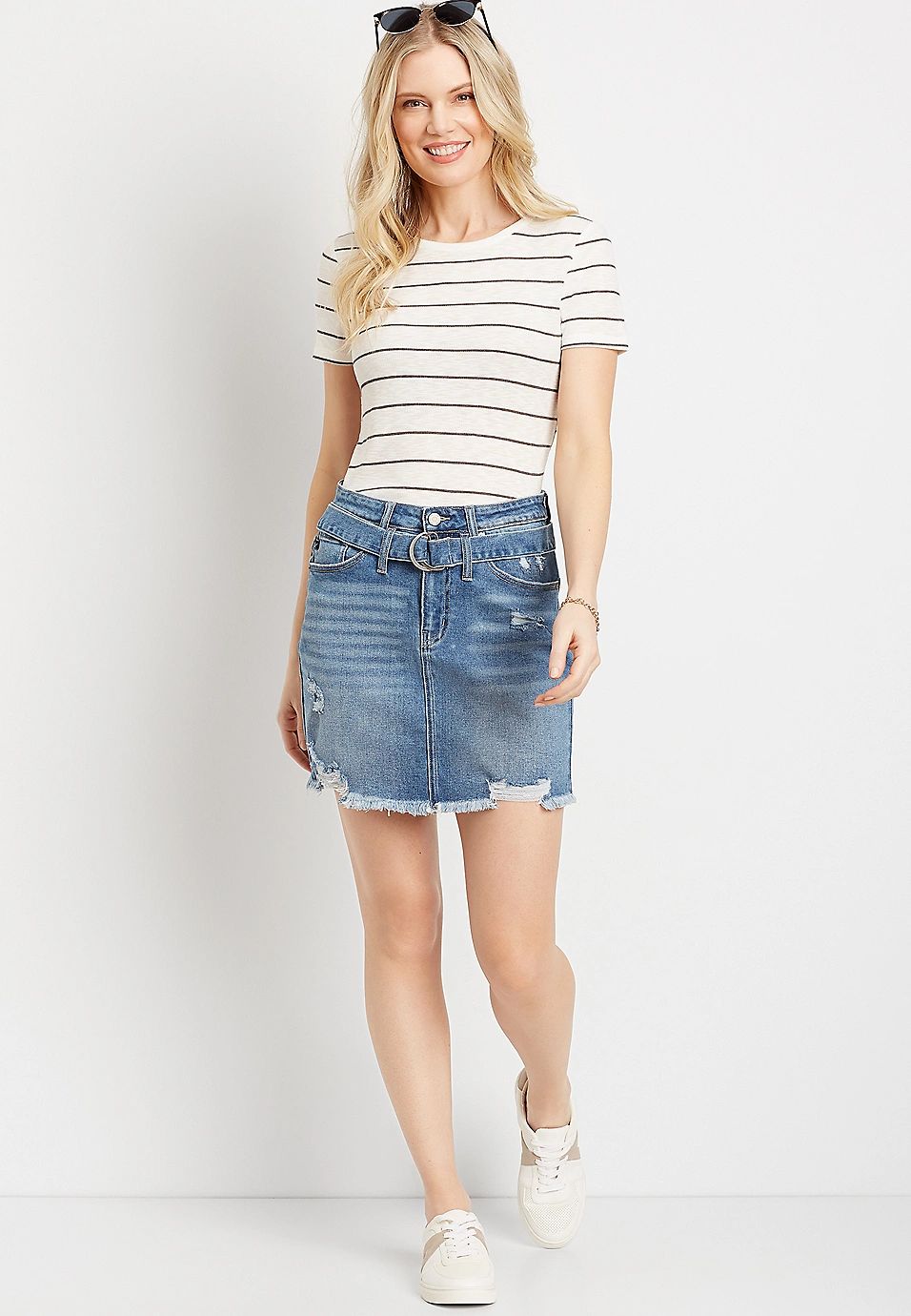KanCan™ High Rise Belted Ripped Utility Denim Skirt | Maurices