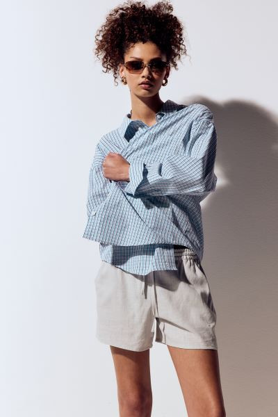 Oversized Cotton Shirt - Long sleeve - Regular length - Light blue/checked - Ladies | H&M US | H&M (US + CA)