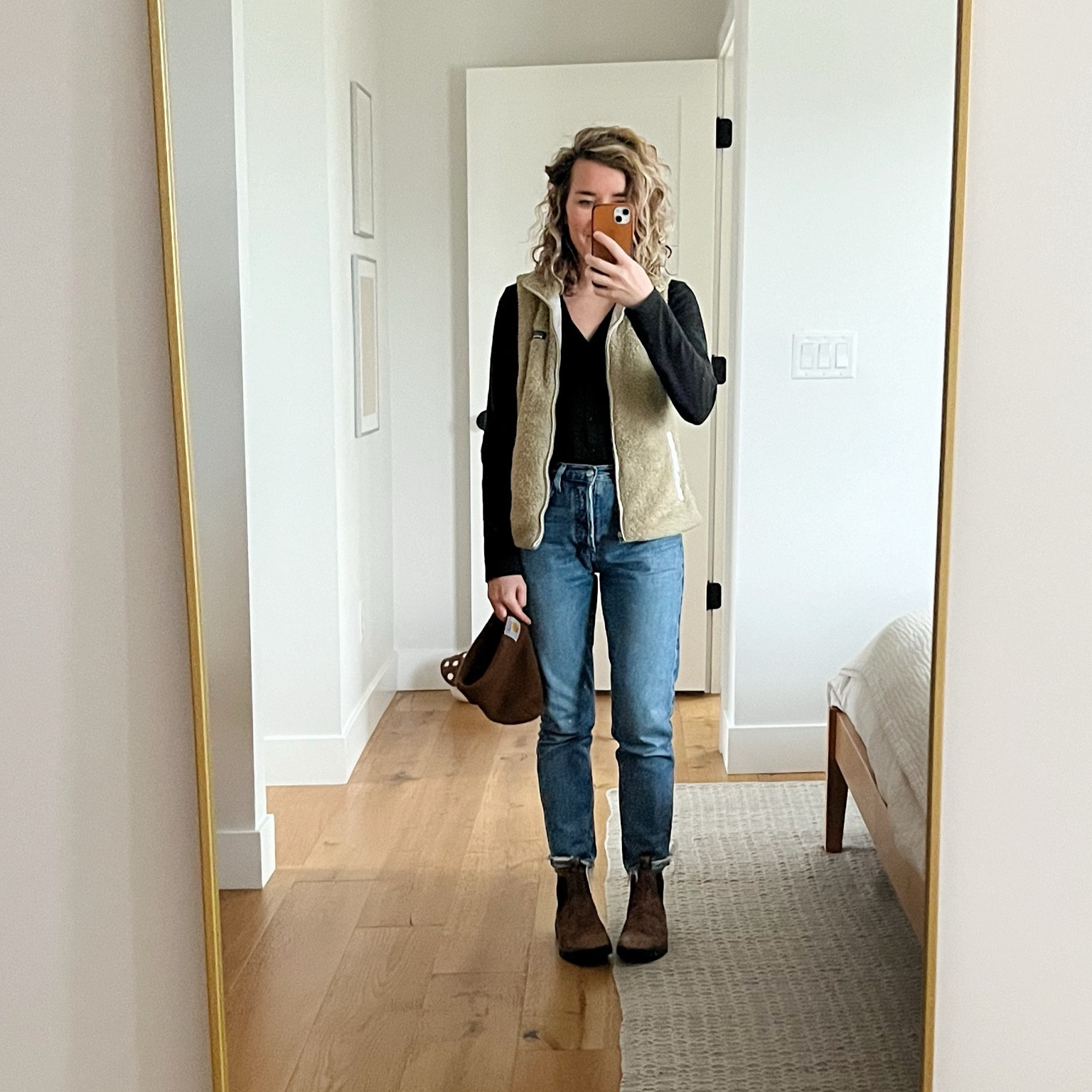 Jeans are old Jamie style by AGOLDE purchased from Poshmark. I linked what looks to be the same style/color on Poshmark as well as some similar options. Vest is an old color but the one linked is the same style  