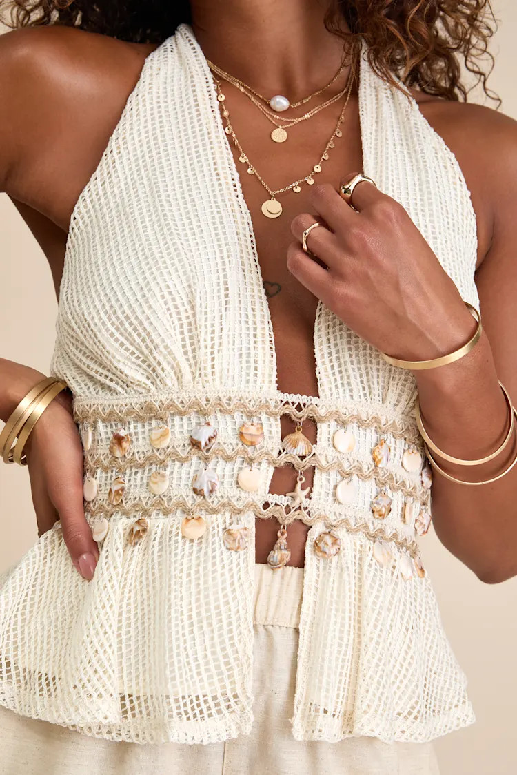 Dione Cream Crochet Halter Seashell Charm Tank Top | Lulus