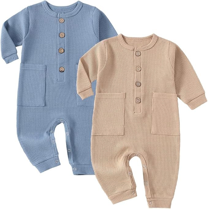 Baby Boys Girls 2 Pack Solid Romper Waffle Long Sleeve One-Piece Cotton Jumpsuit Outfits Clothes | Amazon (US)