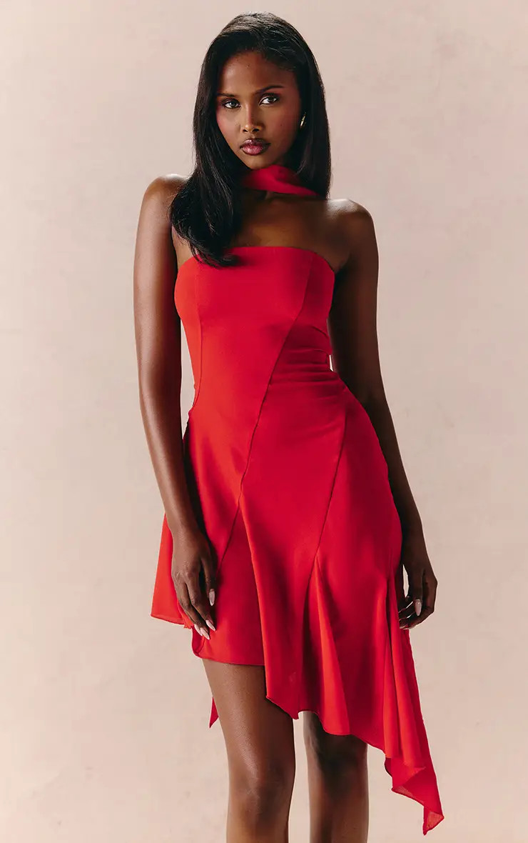 Red Chiffon Godet Neck Detail Asymmetric Mini Dress | PrettyLittleThing USA | PrettyLittleThing US