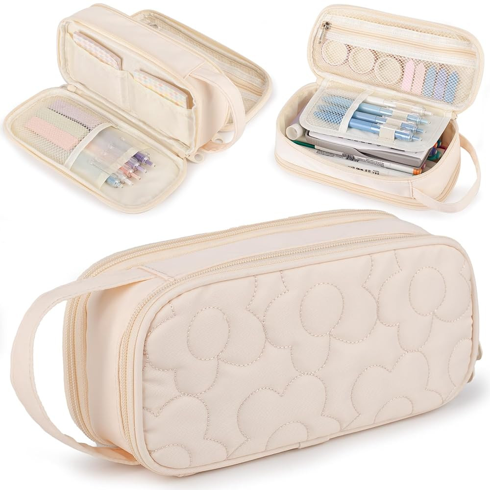 Pencil Case For Girls,Flower Quilted Large Capacity Pencil Pouch With 2 Compartment, Zipper Penci... | Amazon (US)
