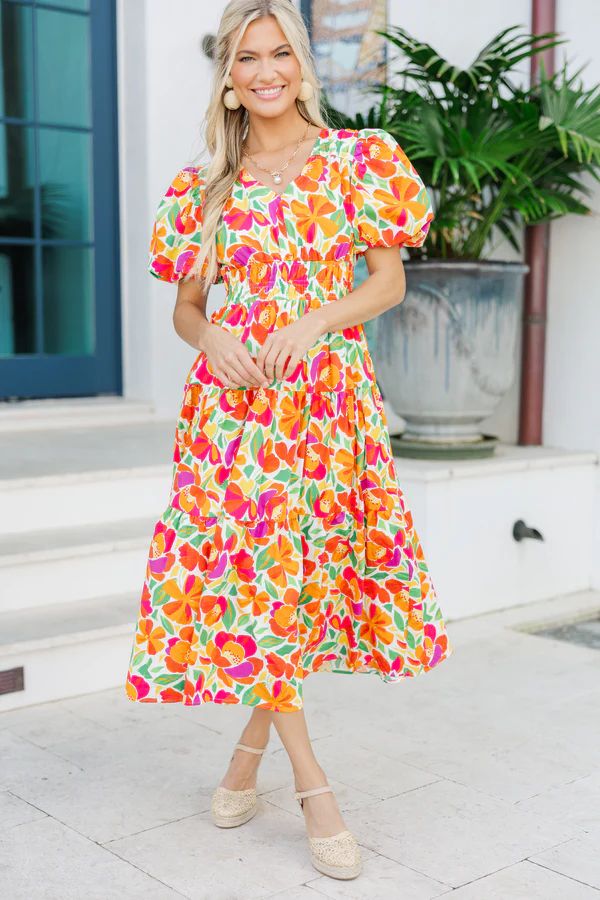 Fate: First Hand Coral Orange Floral Midi Dress | The Mint Julep Boutique