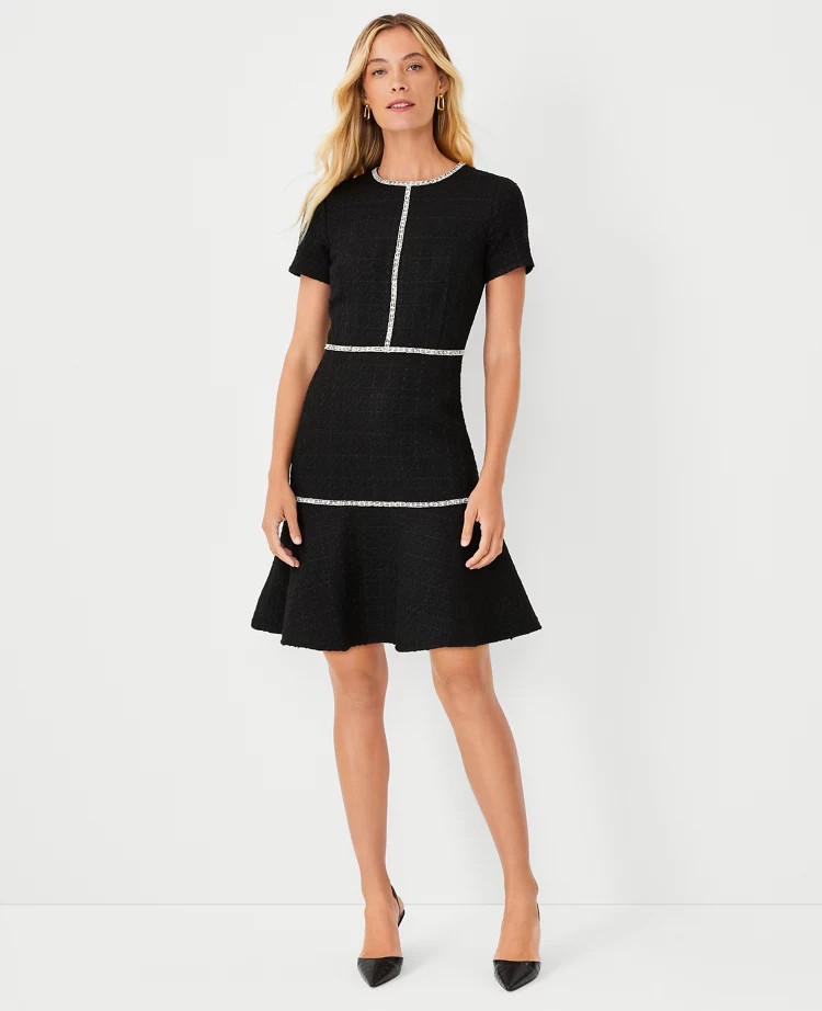 Contrast Trim Tweed Flounce Dress | Ann Taylor (US)
