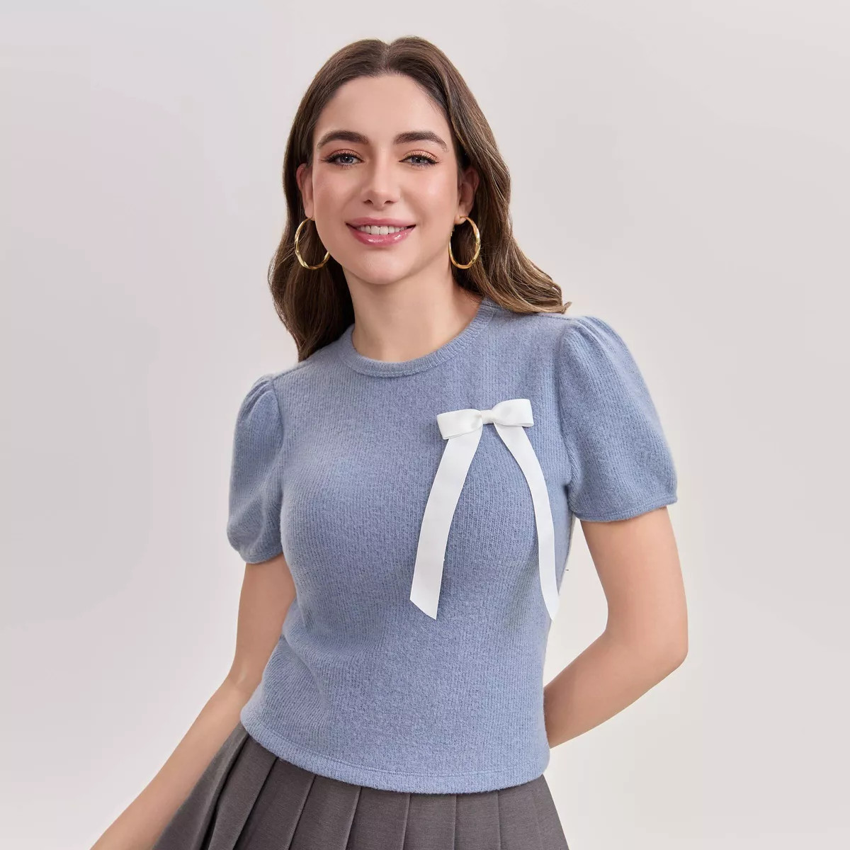 Women's Puff Short Sleeve Bow Top - Wild Fable™ Light Blue XL | Target