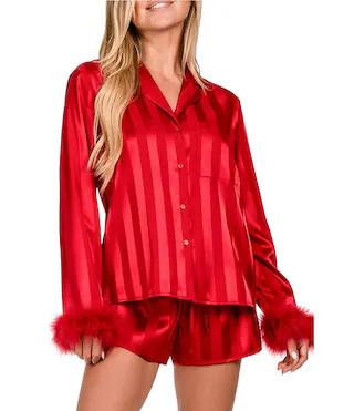 In Bloom By Jonquil Long Sleeve Notch Collar Feather Trimmed Shorty Pajama Set | Dillard's