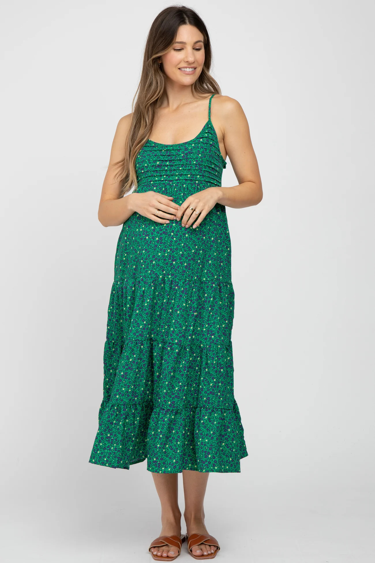 Green Floral Pleated Sleeveless Maternity Midi Dress | PinkBlush Maternity