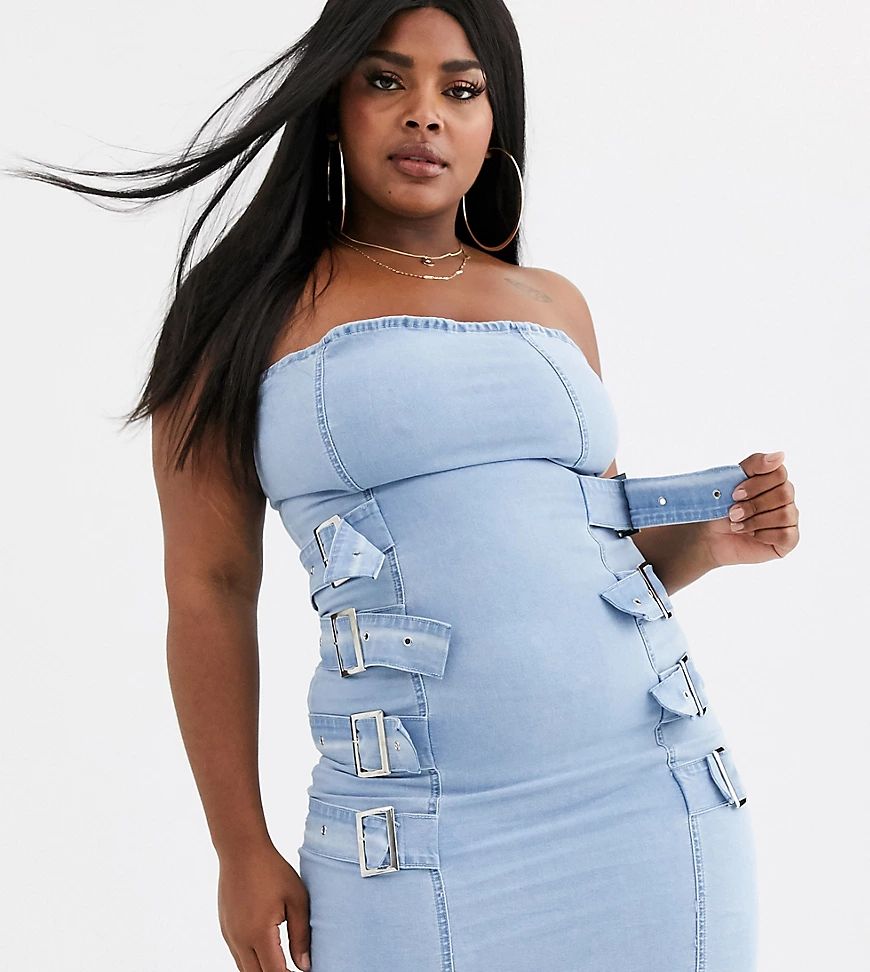 Liquor N Poker Plus belt detail denim bandeau dress-Blue | ASOS (Global)