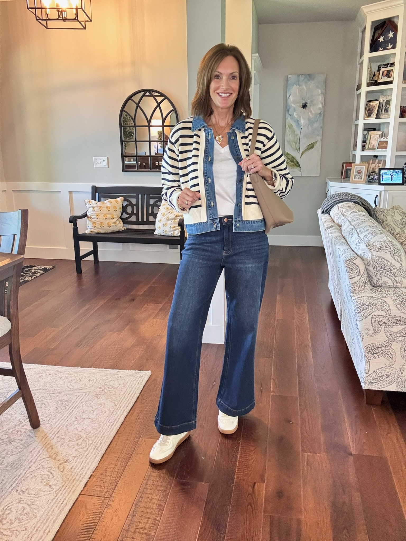 Affordable tee - large Wide leg denim / size 29 Cardigan/large Casual style European vacation Fall styles Fall transition

#LTKootd #LTKSeasonal