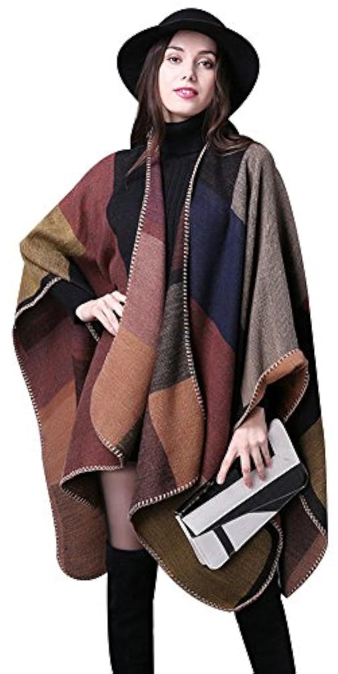 ilishop Women's Winter Reversible Oversized Blanket Poncho Cape Shawl Cardigans | Amazon (US)