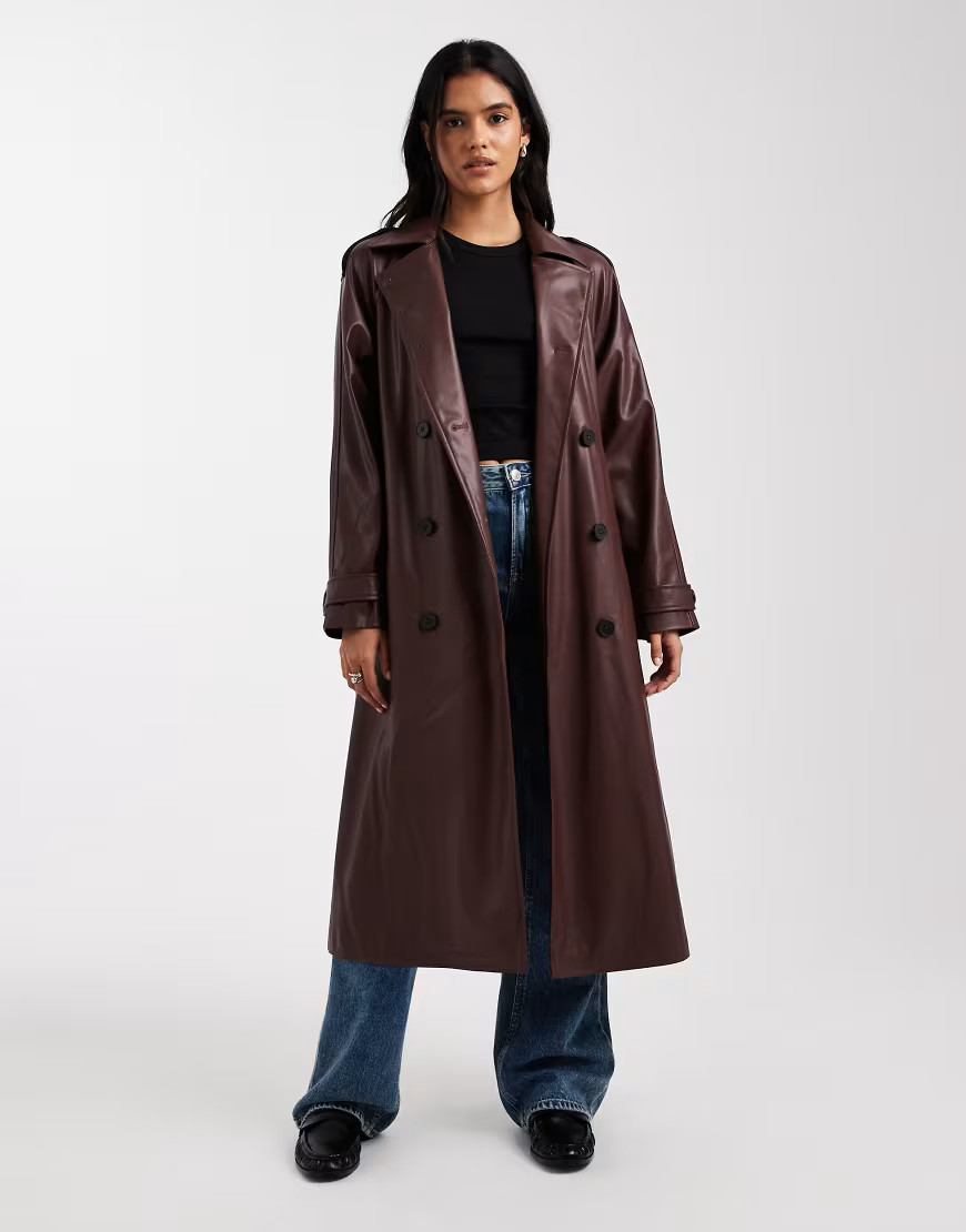 ONLY faux leather maxi trench coat in chocolate brown | ASOS (Global)