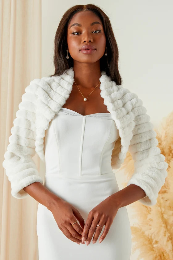 Dreamy Glam Ivory Cropped Faux Fur Shrug Jacket | Lulus