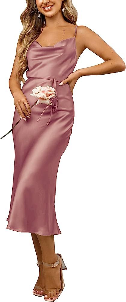 Women's Sleeveless Spaghetti Strap Satin Wedding Guest Party Dress Cocktail Evening Cowl Neck Backle | Amazon (US)