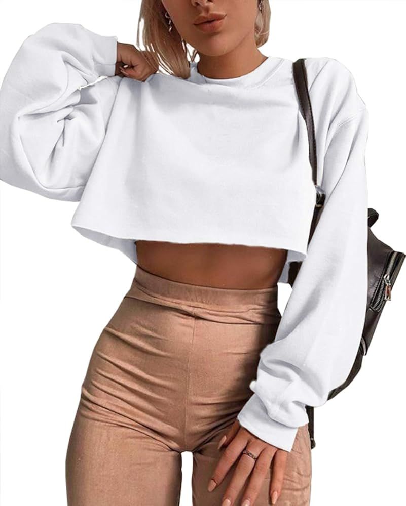 Artfish Women's Crewneck Long Sleeve Crop Tops Workout Casual Pullover Loose Sweatshirts | Amazon (US)