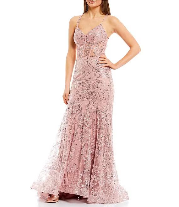 Sequin Mesh Lace-Up Back Mermaid Gown | Dillard's
