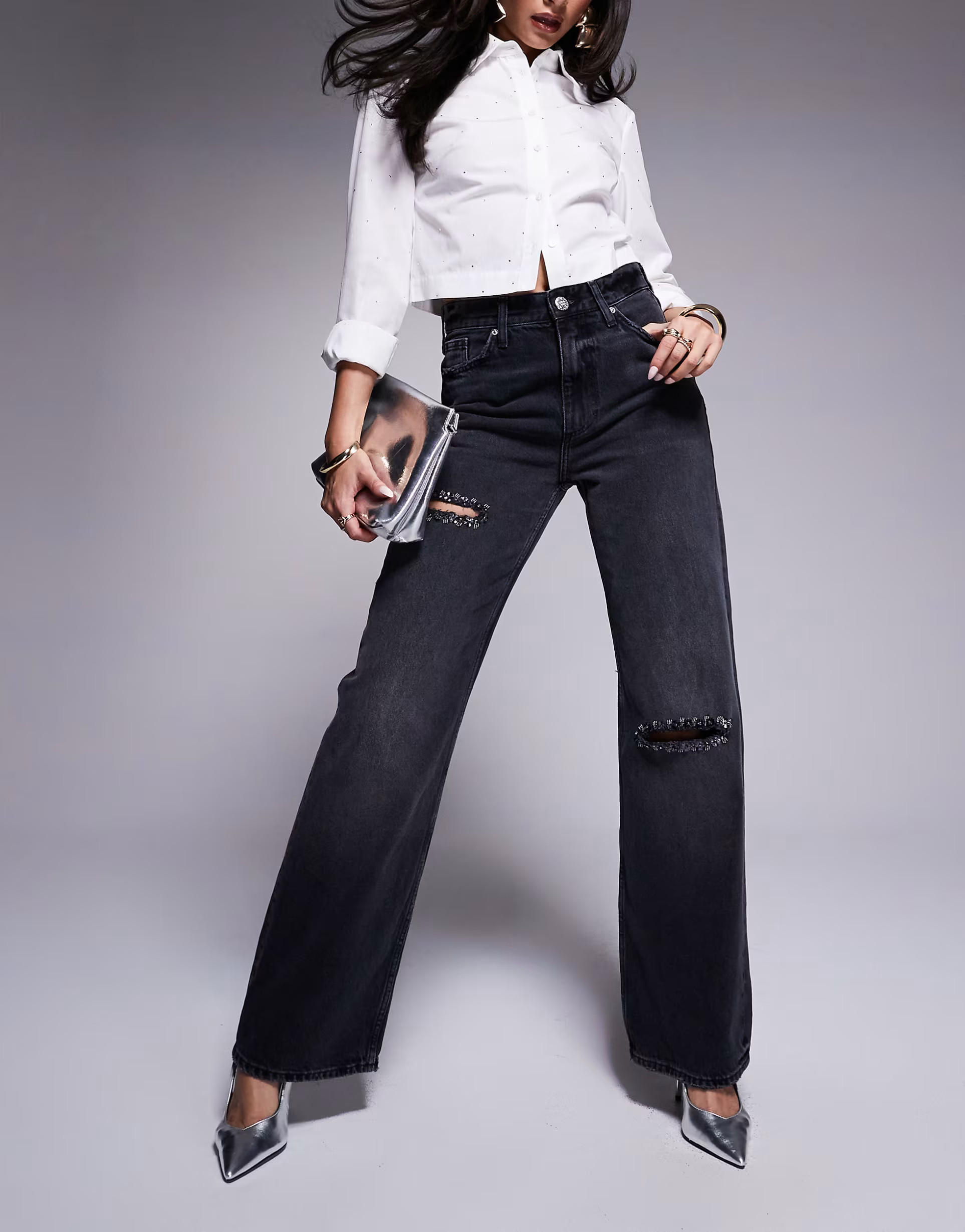 River Island barrel leg jean with embellished detail in black | ASOS (Global)