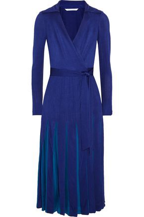 Diane Von Furstenberg Woman Wrap-effect Printed Pleated Satin Midi Dress Royal Blue Size 2 | The Outnet Global