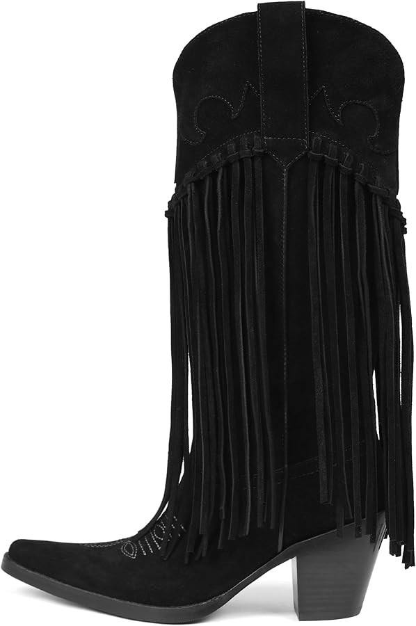 Erocalli Mid Calf Fringe Cowboy Cowgirl Boots for Women Snip Toe and Chunky Heel Western Outdoor ... | Amazon (US)