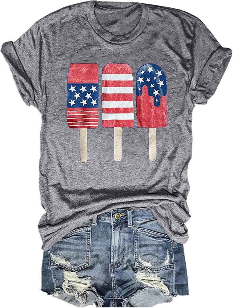 Woffccrd Womens American Flag Popsicle T-Shirts Tops 4th of July Patriotic Funny Graphic Tees | Amazon (US)