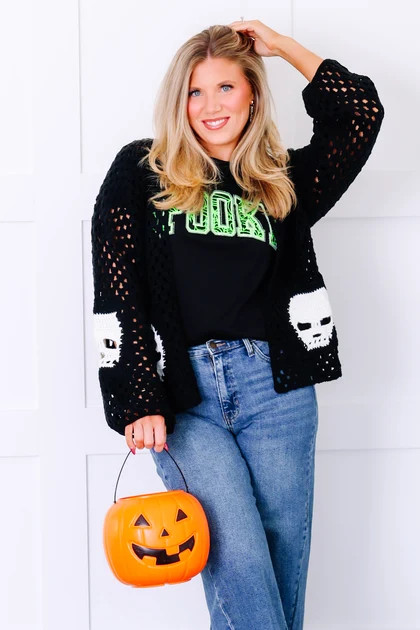 Spooky Night Black Skull Long Sleeve Cardigan | The Willow Tree