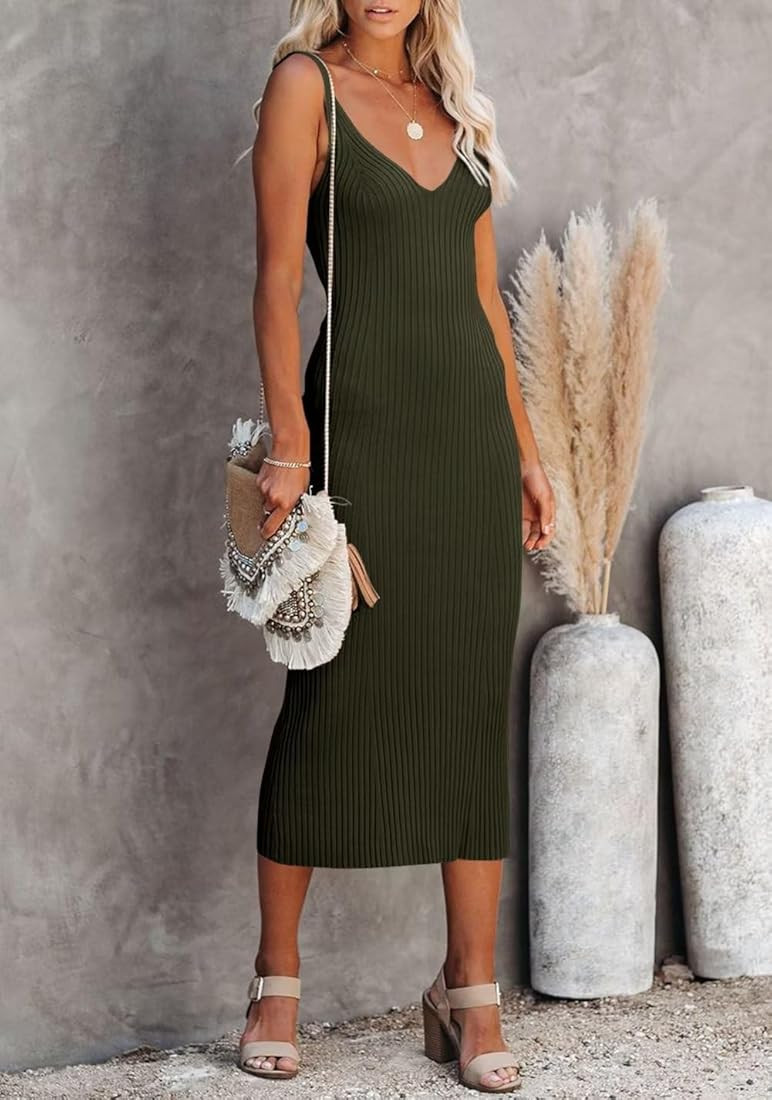 Lacozy Women's 2023 Summer Bodycon Midi Dress Sexy V-Neck Sleeveless Sweater Dress Casual Tank Top D | Amazon (US)
