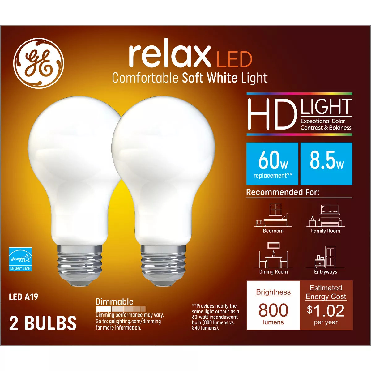 GE 2pk 60W Relax A19 LED Light Bulbs Soft White | Target