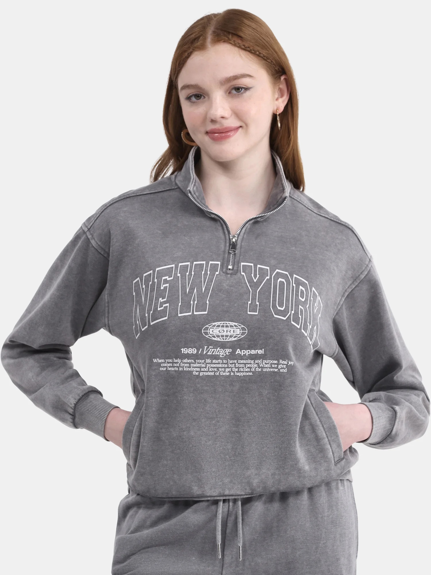 No Boundaries Washed Quarter Zip-Up Graphic Pullover Sweatshirt, Women's - Walmart.com | Walmart (US)