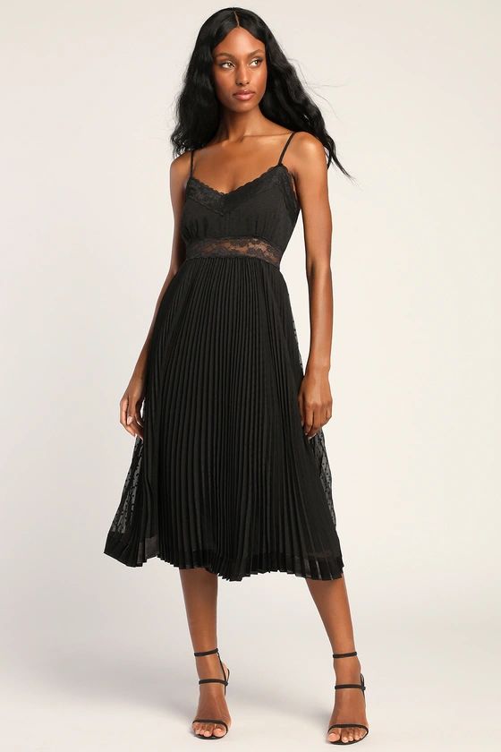 Dot Your Love Black Lace Pleated Midi Dress | Lulus (US)