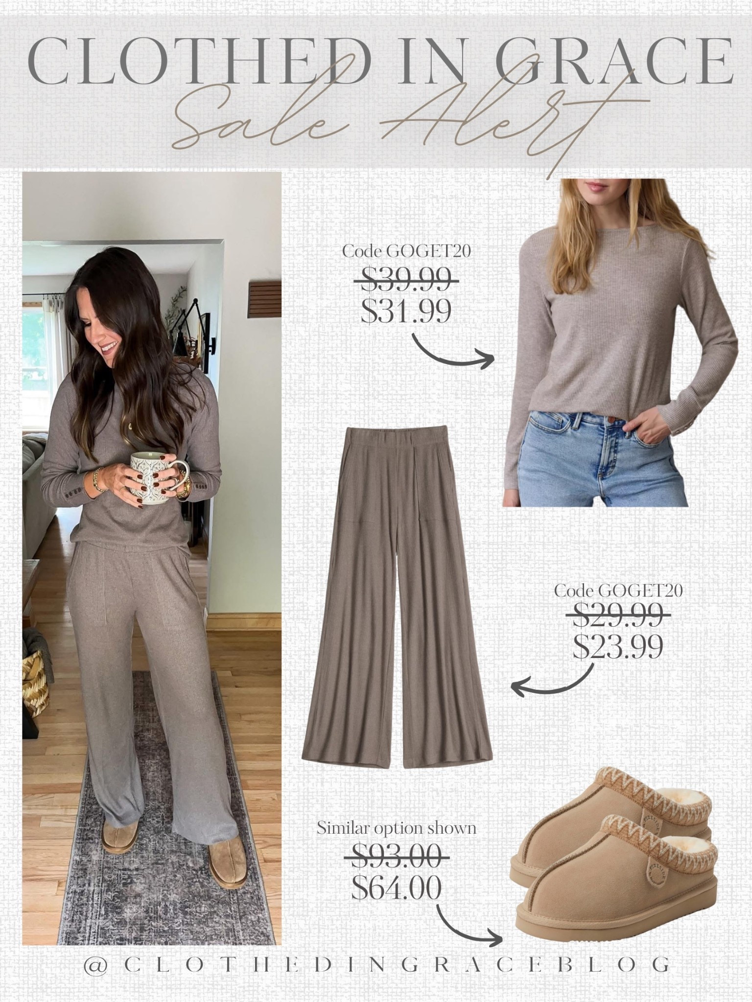 This cozy set is on sale right now. I would size up in the top. 

Top - medium
Pants - small tall 