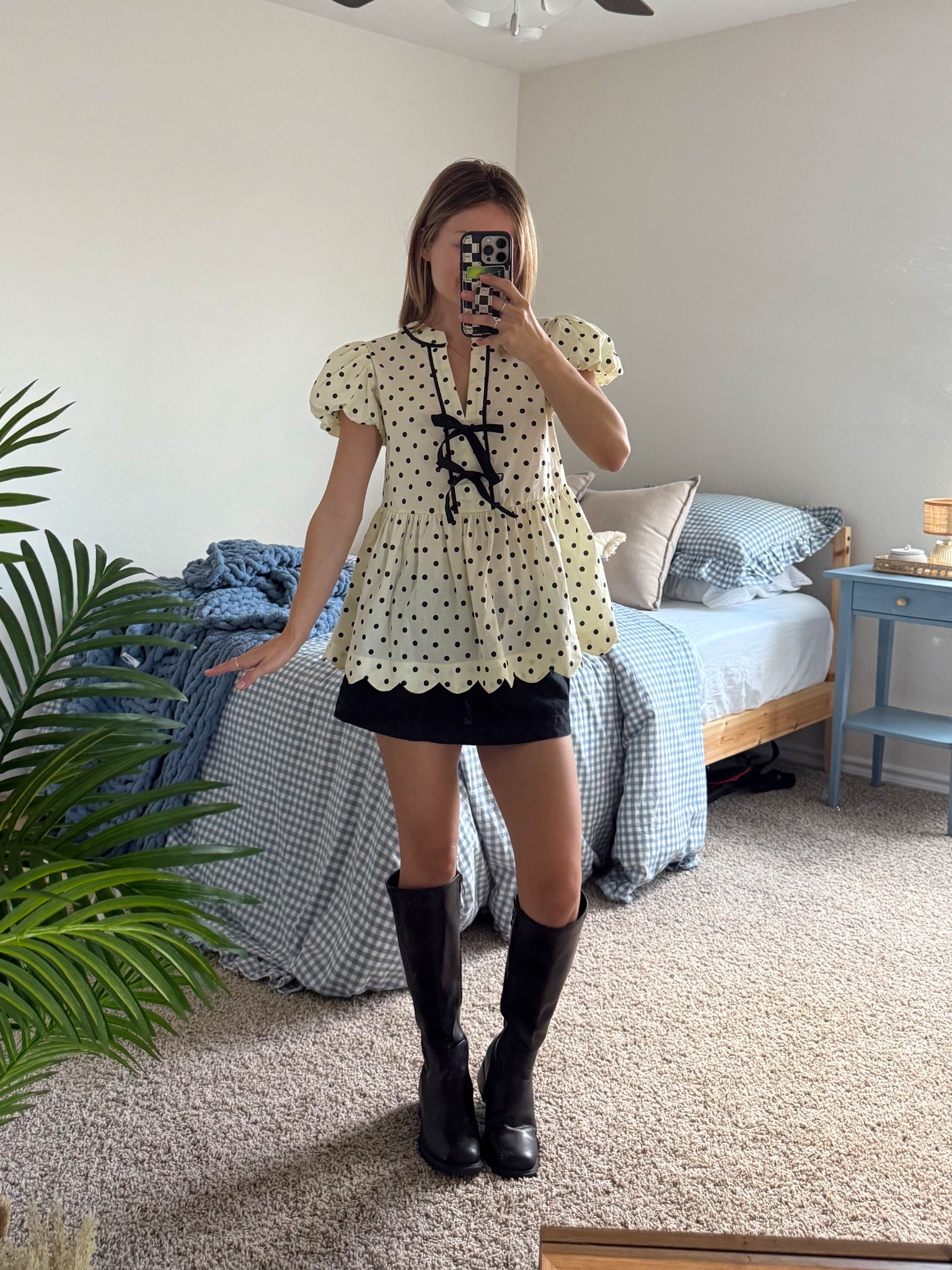 Dinner date outfit #datenight #outfitinspo #polkadot #boots #falloutfit