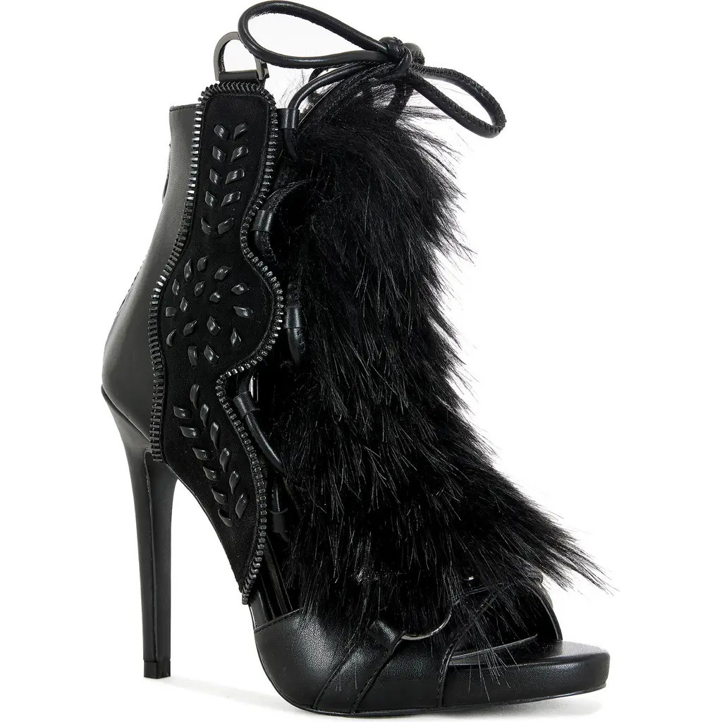 AZALEA WANG Shainy Faux Fur Open Toe Bootie in Black at Nordstrom, Size 11 | Nordstrom