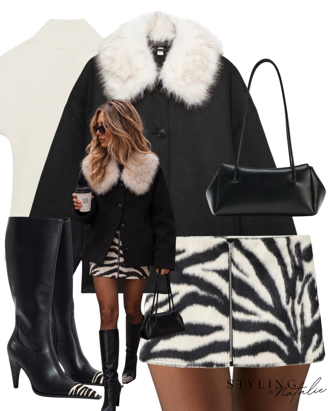 Faux fur trim coat, zebra print faux fur skirt, knee high boots with zebra print toe caps, black elongated strap bag, sleeveless turtleneck top. Fur collar, animal print, autumn outfit, Winter outfit, date night, heels, weekend look. @ASOS