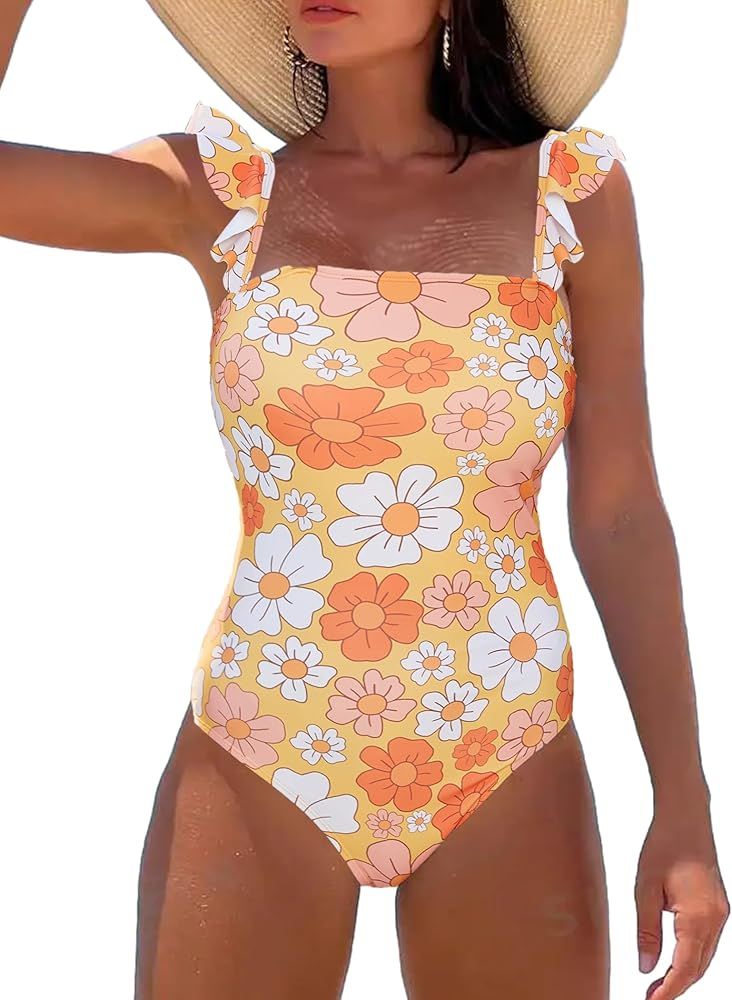 Pesilo Women Swimsuit One Piece Bathing Suit Square Neck Cutout Back Tummy Control Bathing Suit | Amazon (US)