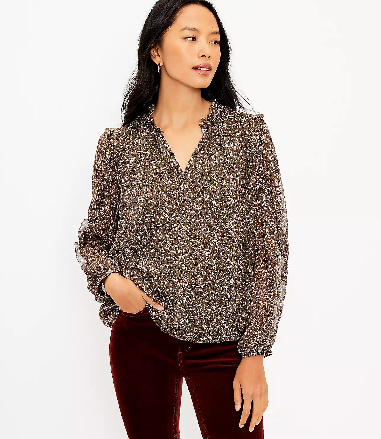 Floral Ruffle Sleeve Blouse | LOFT