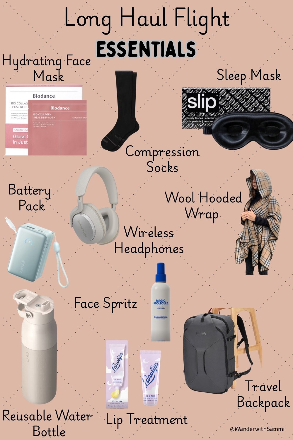 Long Haul Flight Must-Haves ✈️🧳
Jet-setting soon? These are my ride-or-die travel essentials for staying comfy, hydrated, and organized on long flights. I never board without them!

✨ What’s in my carry-on:
• Hydrating Face Mask – Biodance glow-up magic
• Compression Socks – circulation game strong
• Slip Sleep Mask – blackout bliss
• Anker Battery Pack – power on the go
• Bowers & Wilkins Wireless Headphones – noise-canceling heaven
• Wool Hooded Wrap – cozy layers for chilly cabins
• Magic Molecule Face Spritz – refresh in seconds
• LARQ Water Bottle – self-cleaning hydration
• Lanolips Lip Treatment – no dry lips here
• Pacsafe Travel Backpack – secure + sleek

Linked everything in my LTK so you can shop and fly like a pro 💼
Follow me @WanderwithSammi for more travel-tested picks and packing guides!

#LTKBeauty #LTKselfcare #LTKTravel
