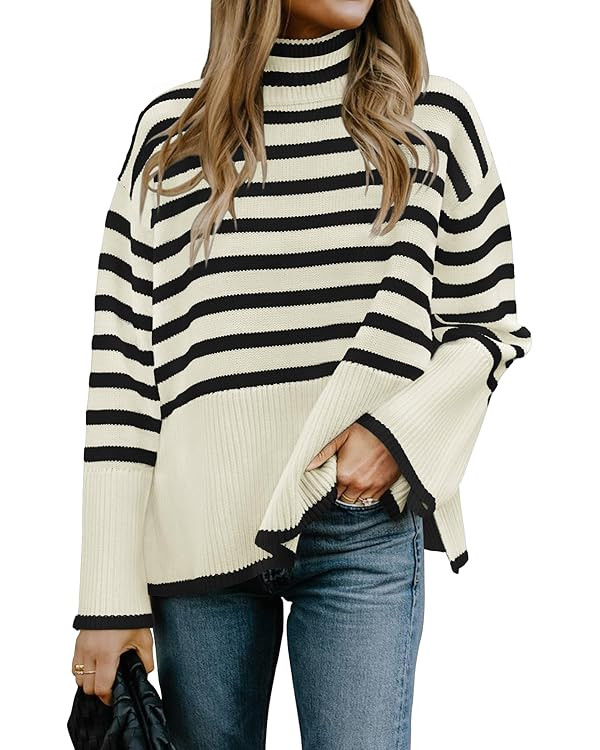 ZESICA Women's 2023 Winter Sweaters Casual Turtleneck Long Sleeve Striped Side Slit Loose Pullove... | Amazon (US)