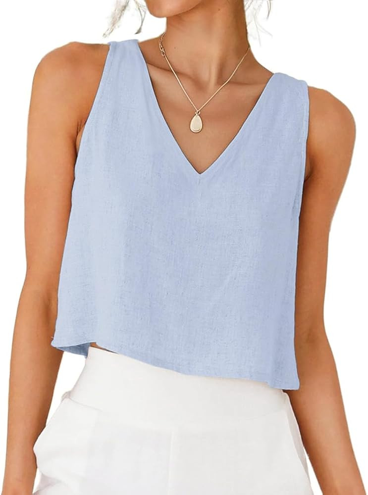 IDEALSANXUN Womens V Neck Cropped Linen Tank Tops Spring Summer Sleeveless Shirts | Amazon (US)