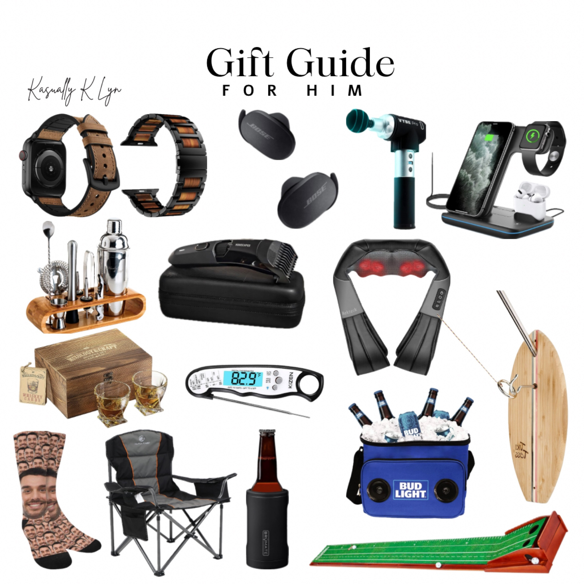 Guy Gift Ideas!! electric beard trimmer, custom face print socks, camping portable folding chair, bud light insulated leakproof cooler bag, indoor putting mat, tiki toss ring toss game, 10-piece bar tool set, whiskey gift set, meat thermometer, neck and back massager with heating, insulated bottle cooler, bose noise cancelling earbuds, wireless 3 in 1 fast charging station for apple products (iphone, airpods, apple watch), leather apple watch bands

#LTKsalealert #LTKGiftGuide #LTKHoliday
