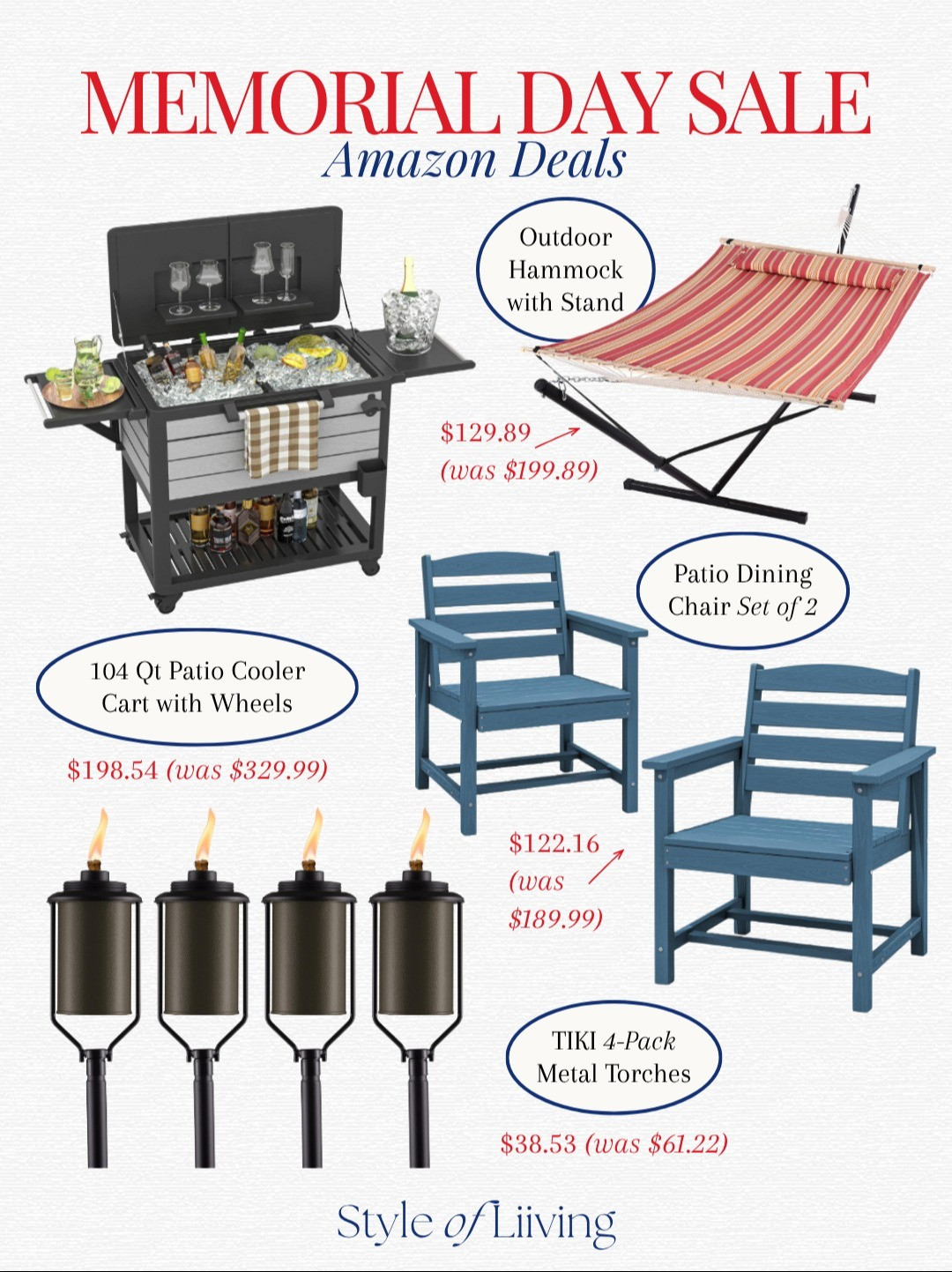 Memorial Day Sale Amazon deals! Outdoor and patio sale finds. Outdoor hammock with stand, patio cooler beverage cart with wheels, TIKI 4-pack metal torches, patio dining chairs set of 2. #amazonfinds #amazondeals #outdoorfurniture #memorialdaysale  

 #LTKSeasonal #LTKHome #LTKSaleAlert