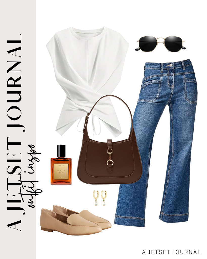 SOLY HUX has this white asymmetrical wrap top that goes well with EVALESS bootcut jeans. This Apryl shoulder bag and Amazon Essentials loafer flats are perfect for this look. You can wear these PAVOI huggie hoop earrings.

#LTKSeasonal #LTKSaleAlert #LTKTravel
 

 