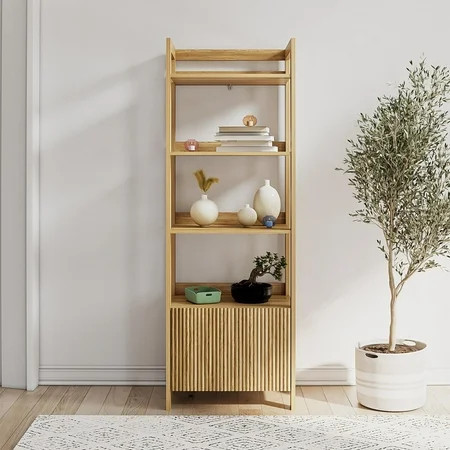 Mainstays 4-Shelf Reeded Bookcase with Drawer, Natural Teak | Walmart (US)