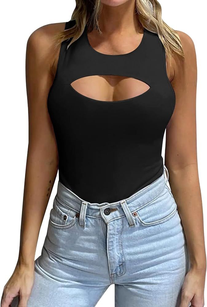 KIKIBERRY Women's Sexy Cutout Front Sleeveless Halter Neck Tank Top Thong Bodysuit | Amazon (US)