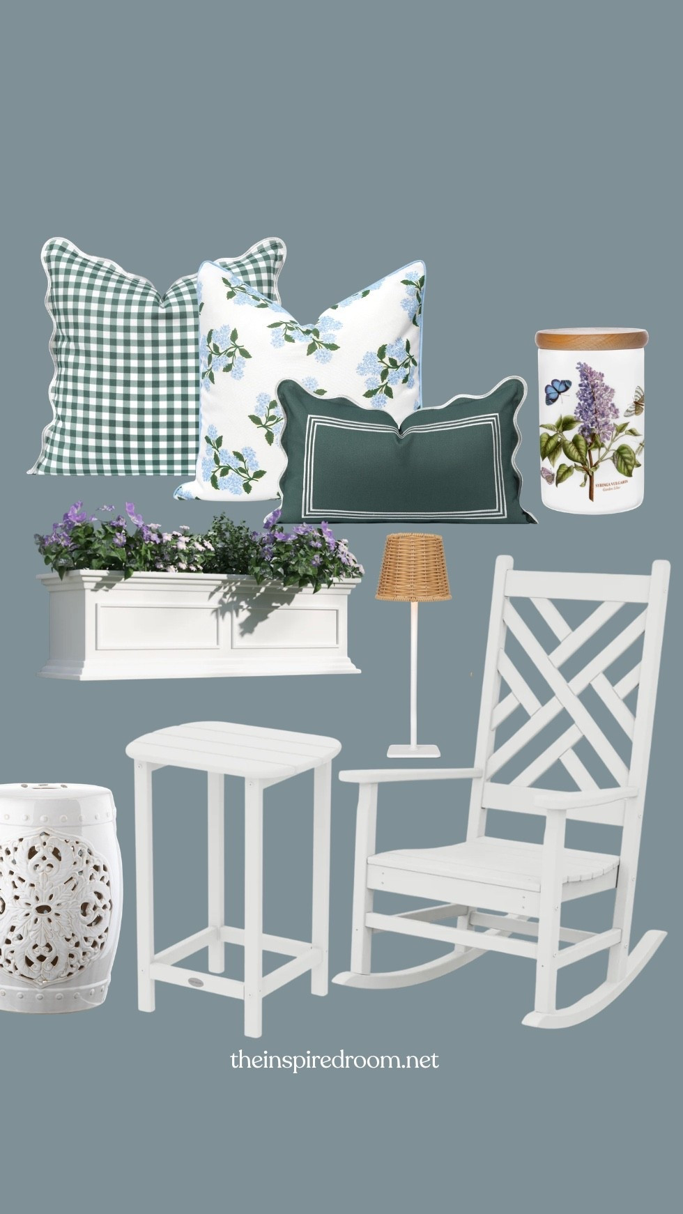 Sources for my front porch - Chippendale rocking chair, gingham hydrangea scalloped outdoor pillow, side table, garden stool, window planter railing box, canister i use as a vase, cordless portable outdoor lamp with rattan shade 

Spring summer outdoor decor, coastal cottage 

#LTKHome #LTKSaleAlert #LTKSeasonal