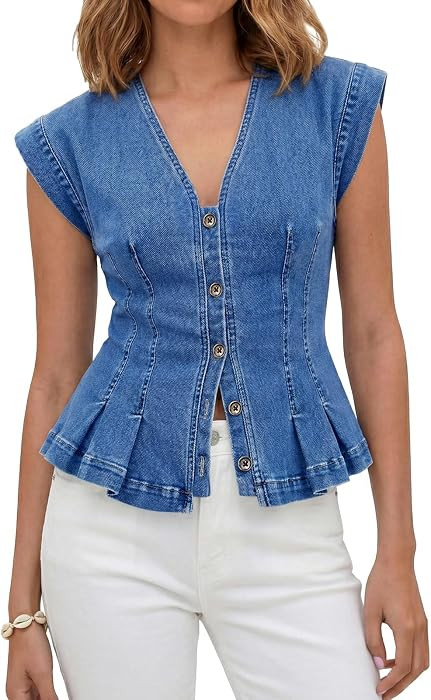 Tankaneo Womens Denim Vests Tops Summer Casual Y2k Fitted Pleated Jean Tops | Amazon (US)
