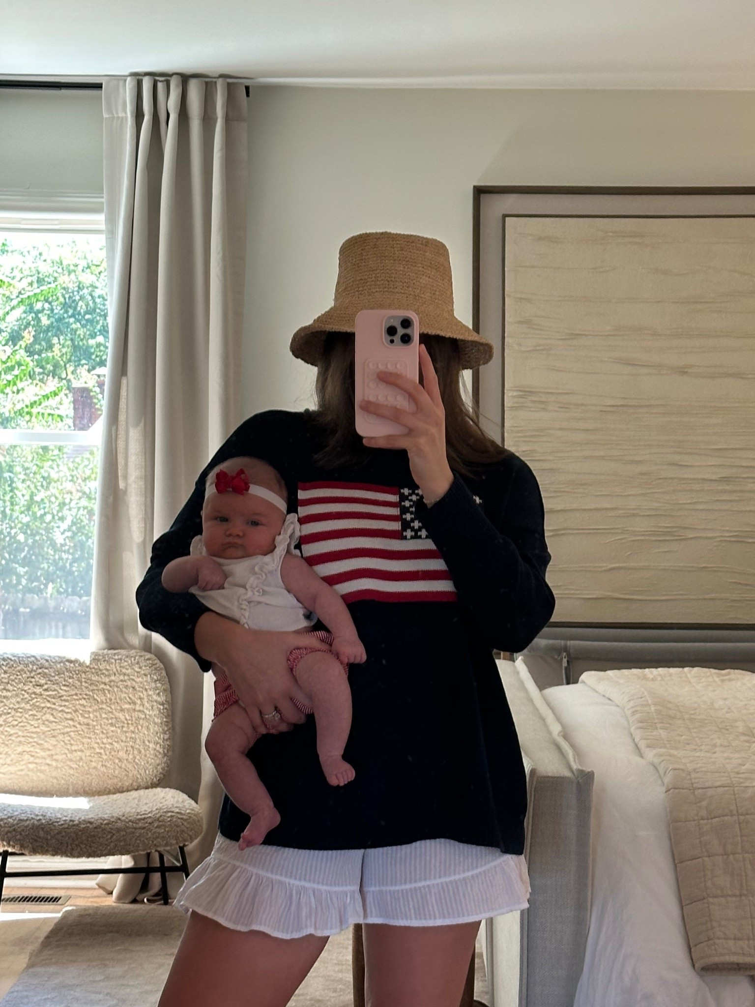 Our Labor Day summer outfits! Sweater is from Marshall’s but I’ve linked similar quality ones! Ruffle shorts came in a set from amazon and I’ve been loving these woven bucket hats for summer!